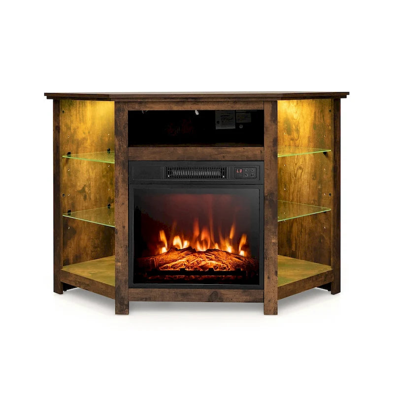 Electric Fireplace Corner TV Stand with LED Lights and Adjustable Glass Shelves - 45 x 22 x 30