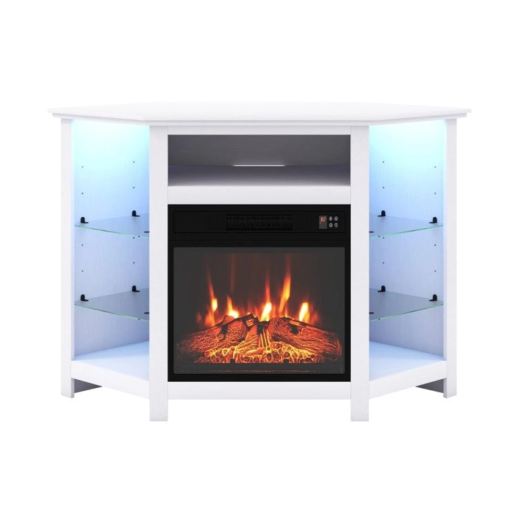 Electric Fireplace Corner TV Stand with LED Lights and Adjustable Glass Shelves - 45 x 22 x 30