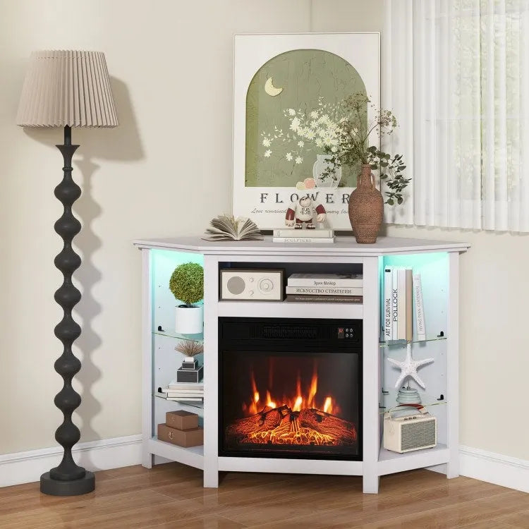 Electric Fireplace Corner TV Stand with LED Lights and Adjustable Glass Shelves - 45 x 22 x 30