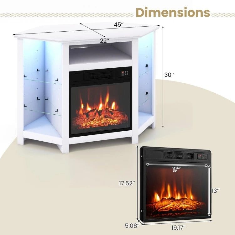Electric Fireplace Corner TV Stand with LED Lights and Adjustable Glass Shelves - 45 x 22 x 30