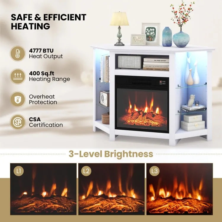Electric Fireplace Corner TV Stand with LED Lights and Adjustable Glass Shelves - 45 x 22 x 30
