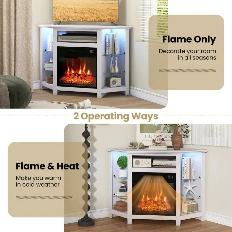 Electric Fireplace Corner TV Stand with LED Lights and Adjustable Glass Shelves - 45 x 22 x 30
