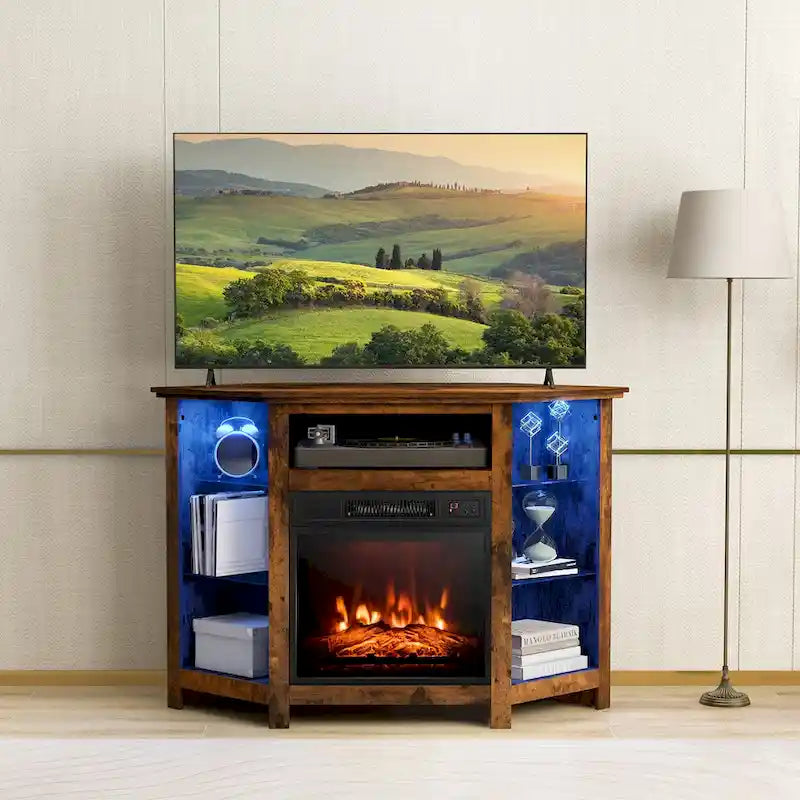 Electric Fireplace Corner TV Stand with LED Lights and Adjustable Glass Shelves - 45 x 22 x 30