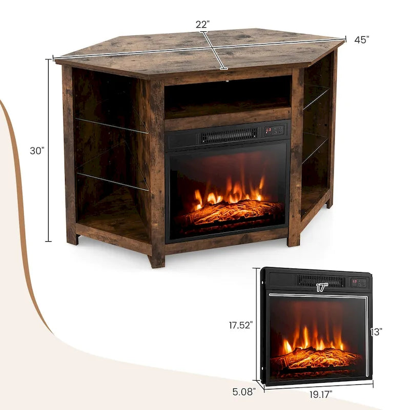 Electric Fireplace Corner TV Stand with LED Lights and Adjustable Glass Shelves - 45 x 22 x 30