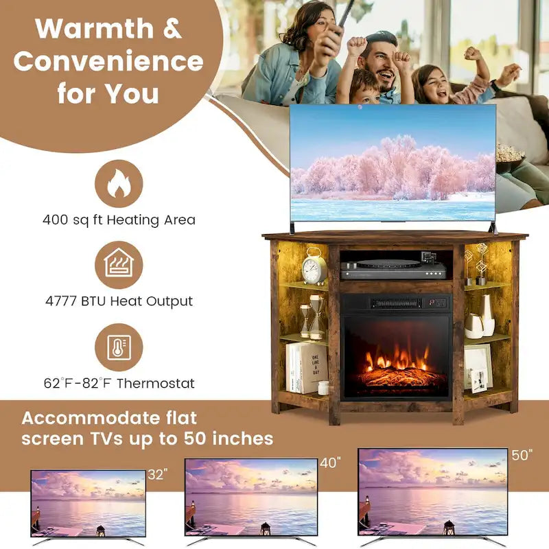 Electric Fireplace Corner TV Stand with LED Lights and Adjustable Glass Shelves - 45 x 22 x 30
