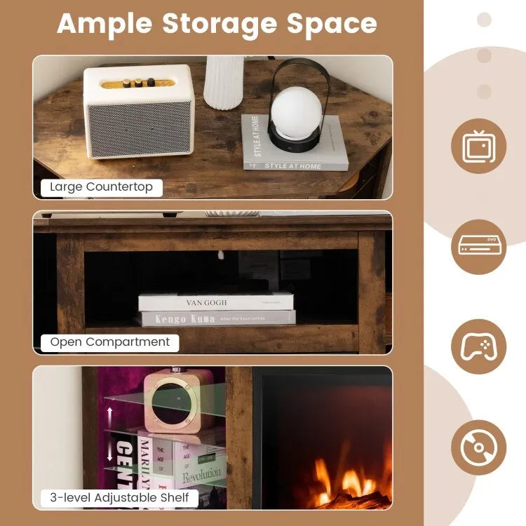 Electric Fireplace Corner TV Stand with LED Lights and Adjustable Glass Shelves - 45 x 22 x 30