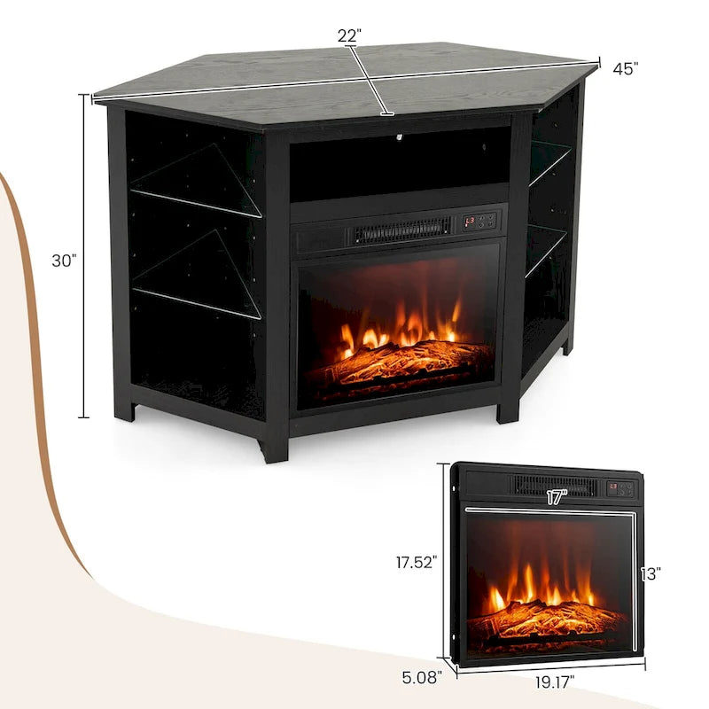 Electric Fireplace Corner TV Stand with LED Lights and Adjustable Glass Shelves - 45 x 22 x 30