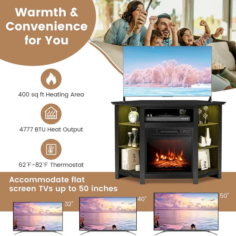 Electric Fireplace Corner TV Stand with LED Lights and Adjustable Glass Shelves - 45 x 22 x 30
