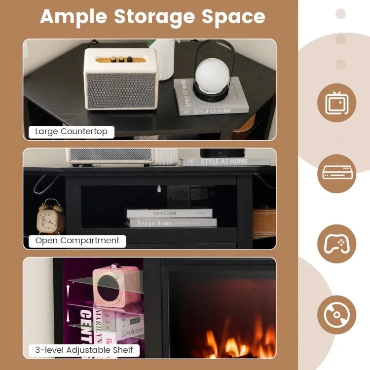 Electric Fireplace Corner TV Stand with LED Lights and Adjustable Glass Shelves - 45 x 22 x 30