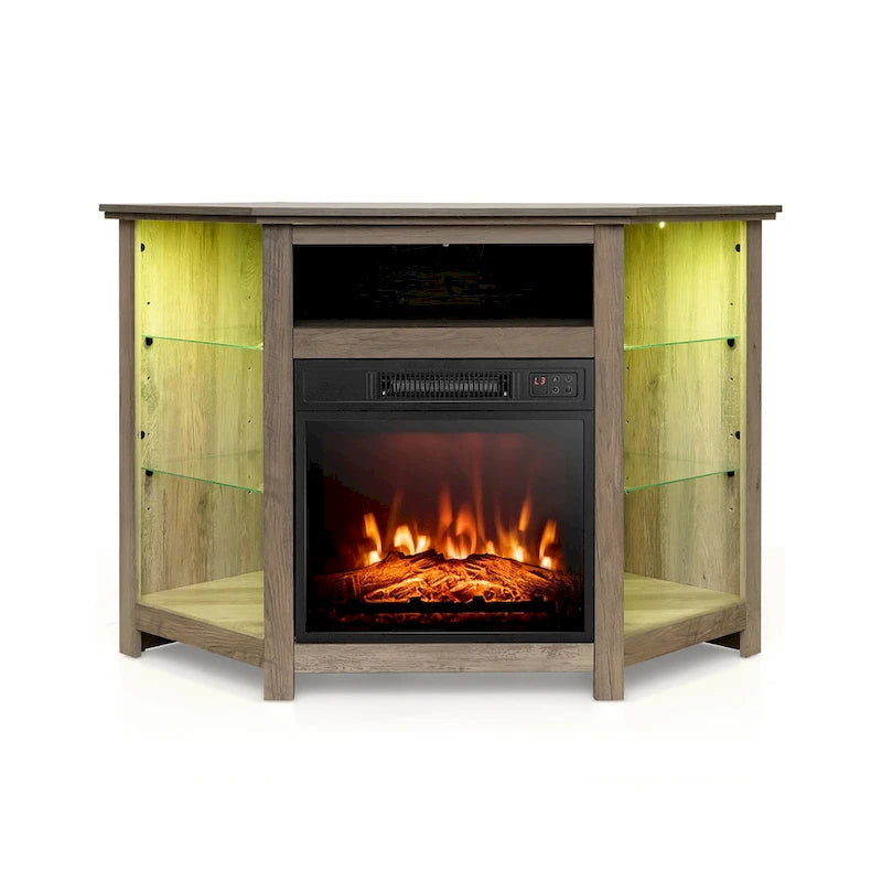 Electric Fireplace Corner TV Stand with LED Lights and Adjustable Glass Shelves - 45 x 22 x 30