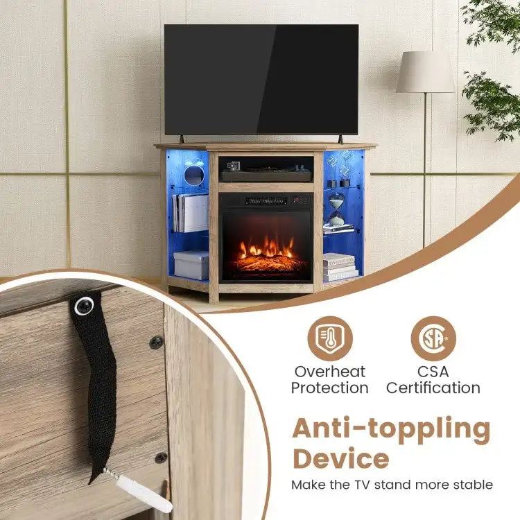 Electric Fireplace Corner TV Stand with LED Lights and Adjustable Glass Shelves - 45 x 22 x 30
