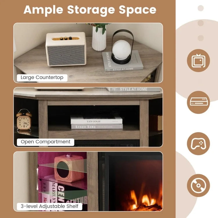 Electric Fireplace Corner TV Stand with LED Lights and Adjustable Glass Shelves - 45 x 22 x 30