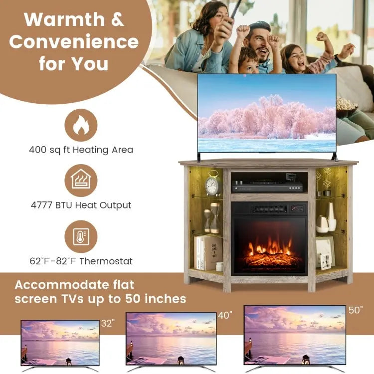 Electric Fireplace Corner TV Stand with LED Lights and Adjustable Glass Shelves - 45 x 22 x 30