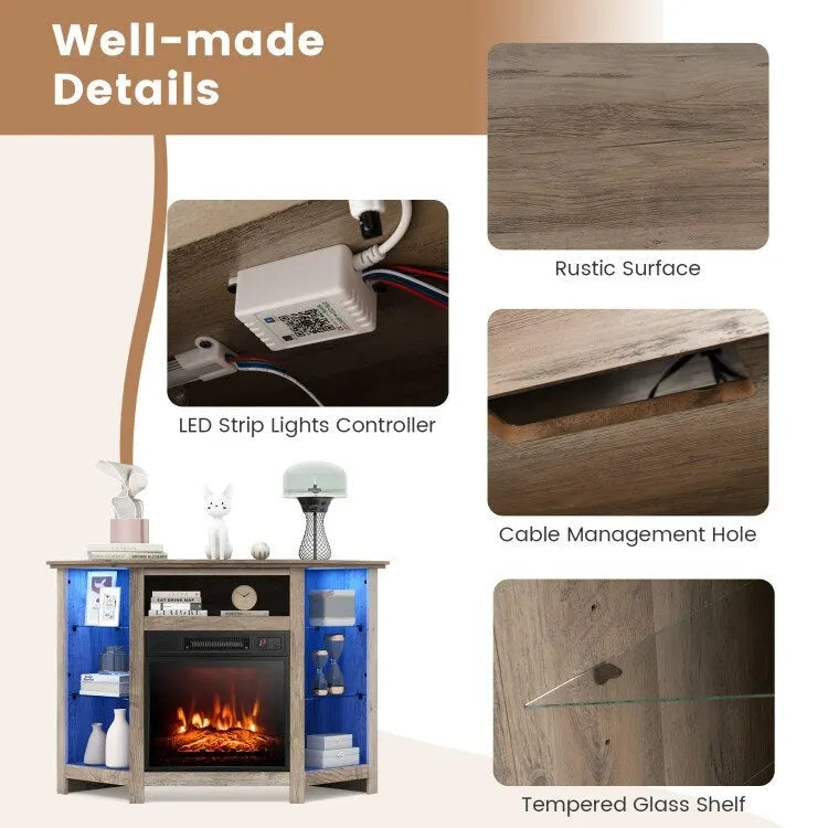 Electric Fireplace Corner TV Stand with LED Lights and Adjustable Glass Shelves - 45 x 22 x 30