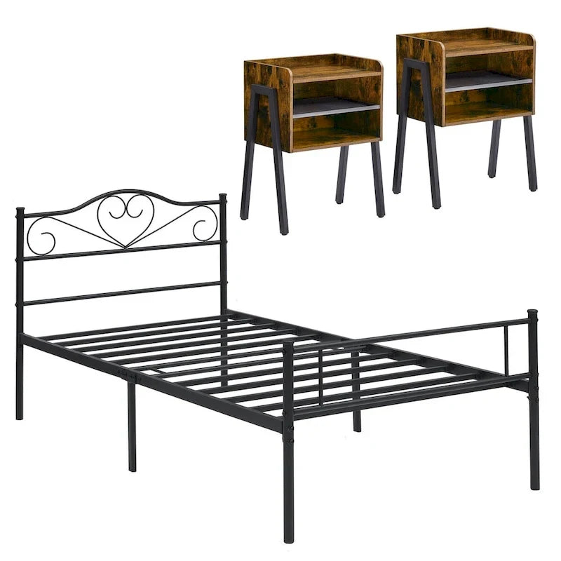 3-Pieces Bedroom Set with Black Platform Bed Frame and Nightstands Set of 2