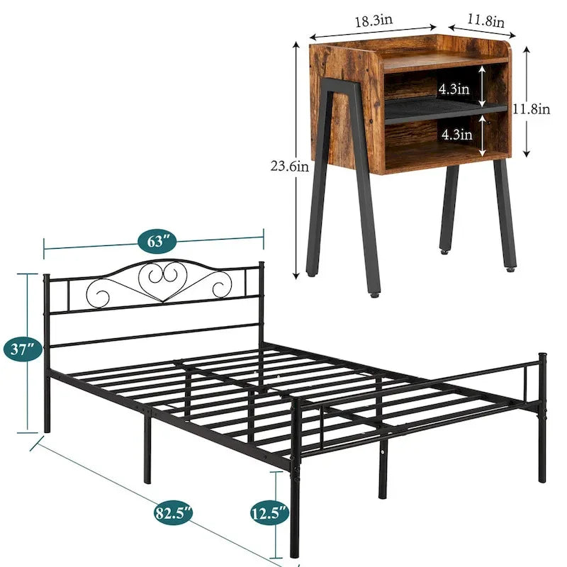 3-Pieces Bedroom Set with Black Platform Bed Frame and Nightstands Set of 2