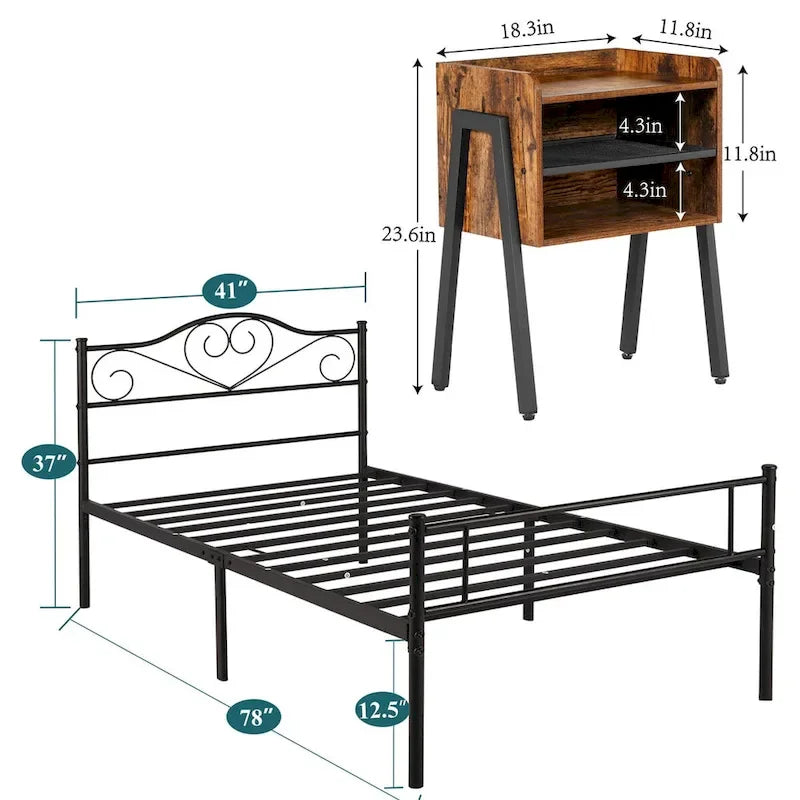 3-Pieces Bedroom Set with Black Platform Bed Frame and Nightstands Set of 2