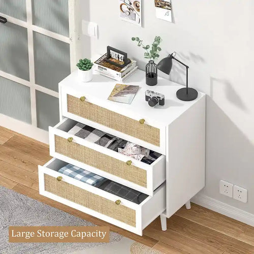 Anmytek Mid-Century Modern 3-Drawer White Dresser Rattan Chest of Drawers Storage Organizer for Bedroom