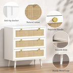 Anmytek Mid-Century Modern 3-Drawer White Dresser Rattan Chest of Drawers Storage Organizer for Bedroom