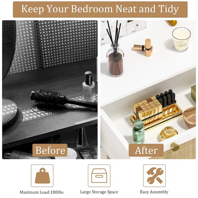 Anmytek Mid-Century Modern 3-Drawer White Dresser Rattan Chest of Drawers Storage Organizer for Bedroom