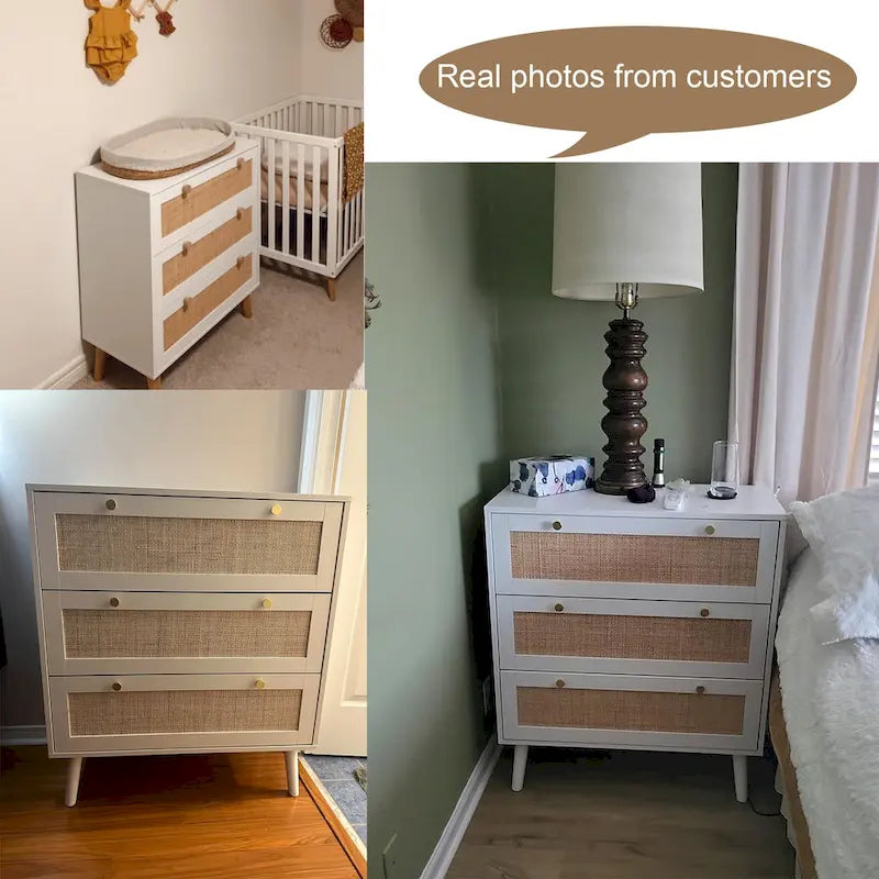 Anmytek Mid-Century Modern 3-Drawer White Dresser Rattan Chest of Drawers Storage Organizer for Bedroom