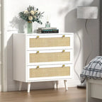 Anmytek Mid-Century Modern 3-Drawer White Dresser Rattan Chest of Drawers Storage Organizer for Bedroom
