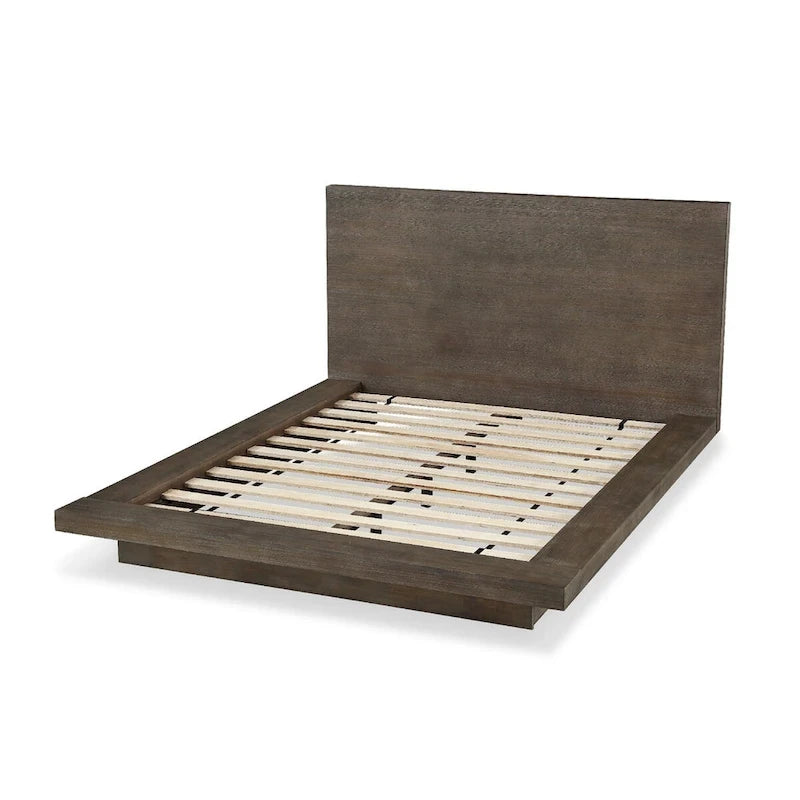 Nels Pine Wood Platform Queen Bed, Plinth Base, Distressed Brown