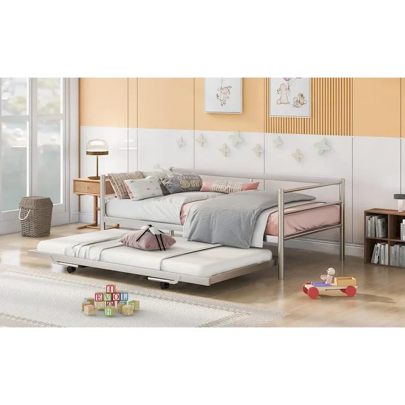 Metal Daybed with Adjustable Trundle, Pop Up Trundle