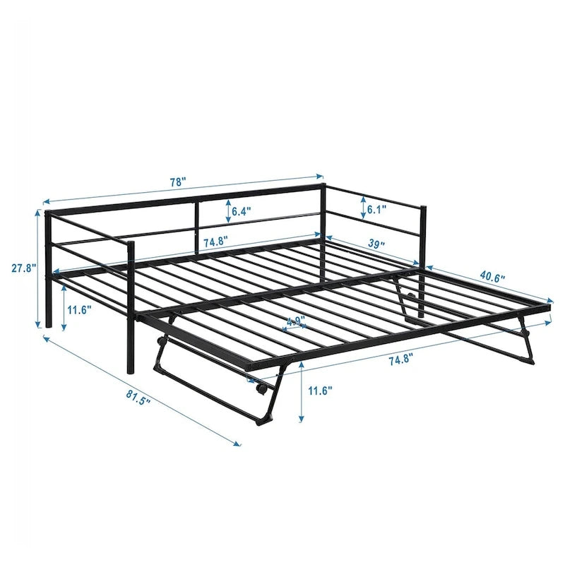 Metal Daybed with Adjustable Trundle, Pop Up Trundle