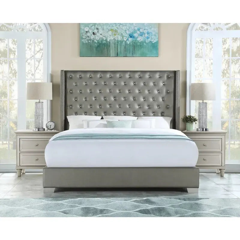 Newell Gray Faux Leather Upholstered Tufted Bed