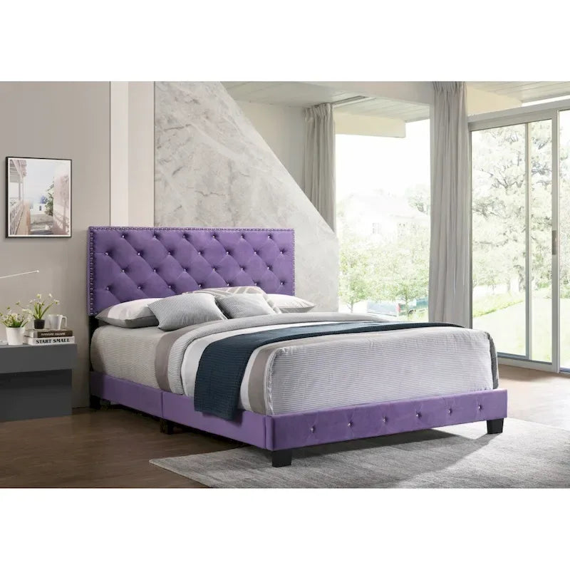Purple Velvet Platform Bed with Nailhead Trim, Queen Size