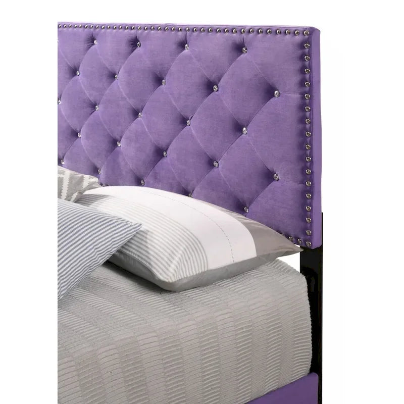 Purple Velvet Platform Bed with Nailhead Trim, Queen Size