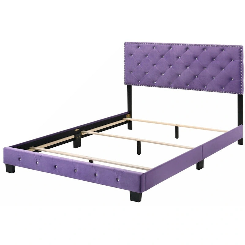 Purple Velvet Platform Bed with Nailhead Trim, Queen Size