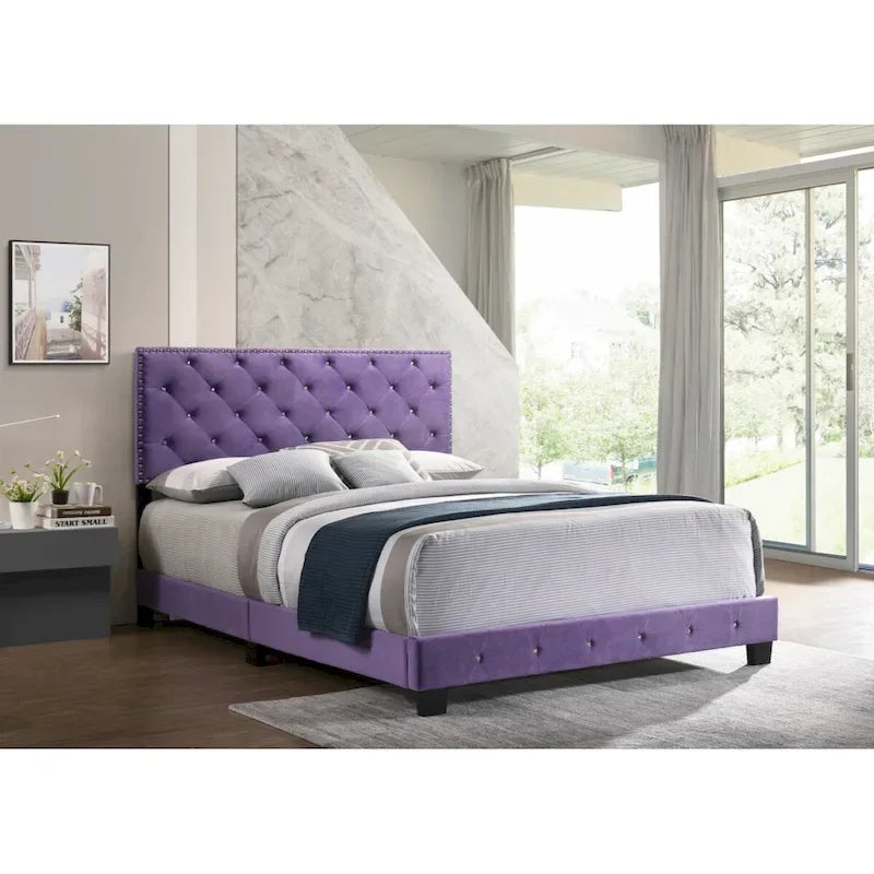 Purple Velvet Platform Bed with Nailhead Trim, Queen Size