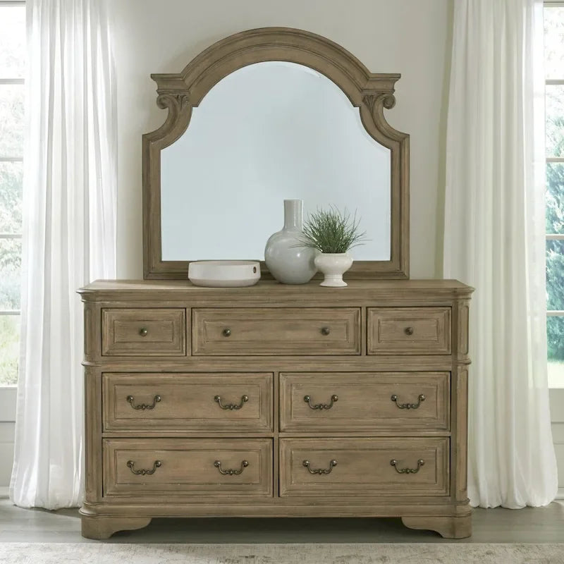 Magnolia Manor Upholstered Bed, and Dresser and Mirror Set
