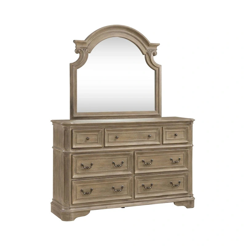 Magnolia Manor Upholstered Bed, and Dresser and Mirror Set