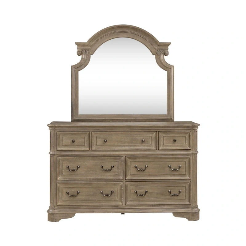 Magnolia Manor Upholstered Bed, and Dresser and Mirror Set