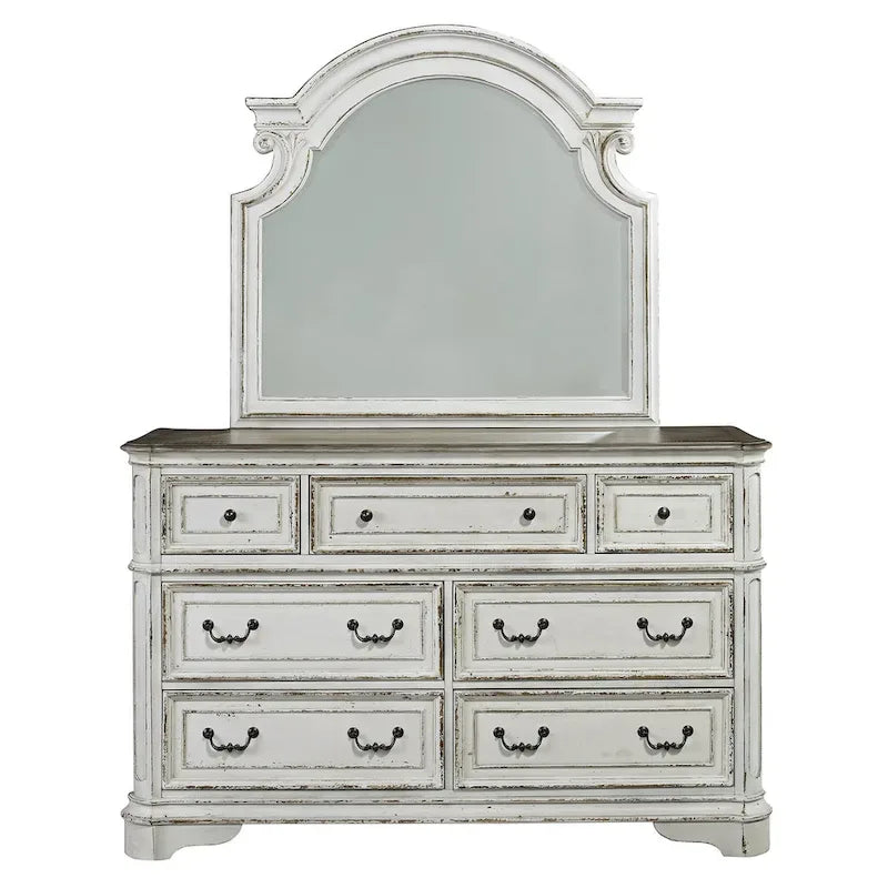 Magnolia Manor Upholstered Bed, and Dresser and Mirror Set