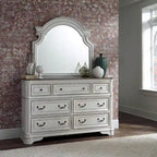 Magnolia Manor Upholstered Bed, and Dresser and Mirror Set