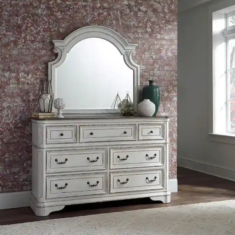 Magnolia Manor Upholstered Bed, and Dresser and Mirror Set