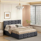 Queen Size Upholstered Linen Fabric Trundle Bed with Drawers, Queen Size Bed