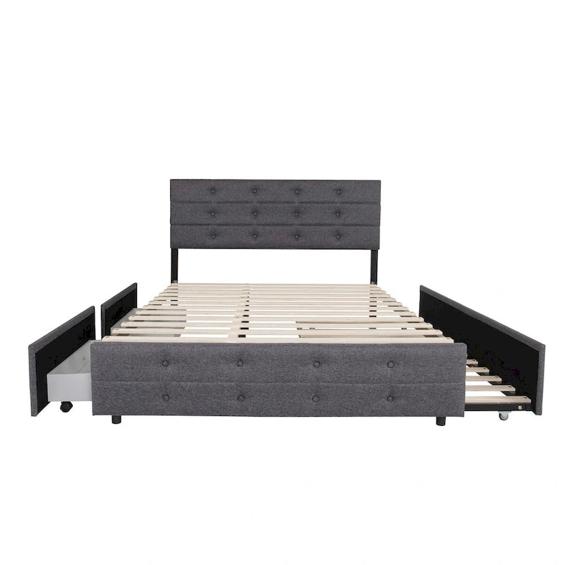 Queen Size Upholstered Linen Fabric Trundle Bed with Drawers, Queen Size Bed