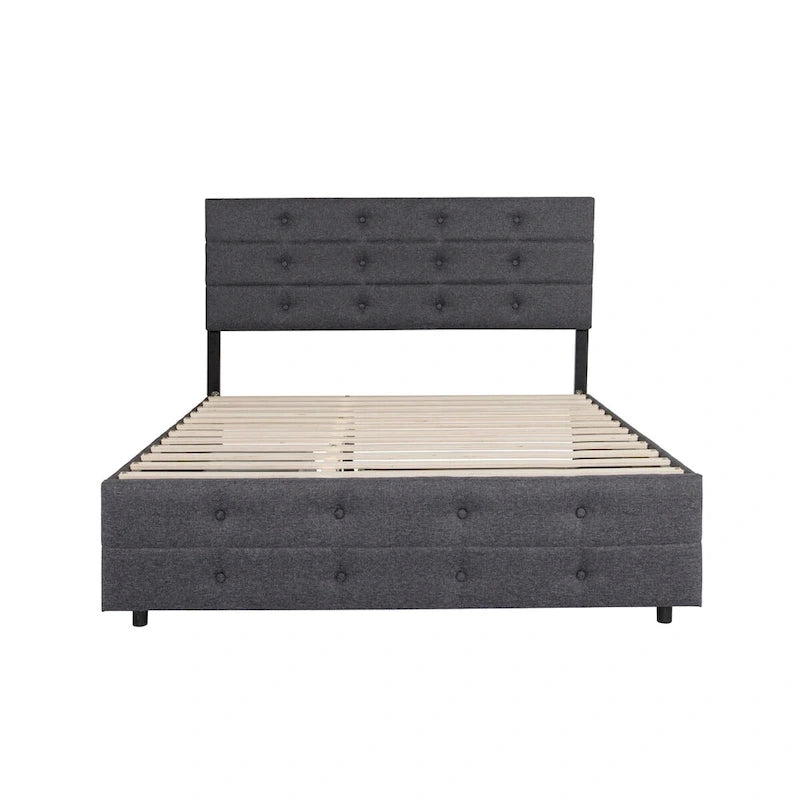Queen Size Upholstered Linen Fabric Trundle Bed with Drawers, Queen Size Bed