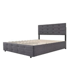 Queen Size Upholstered Linen Fabric Trundle Bed with Drawers, Queen Size Bed
