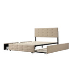 Queen Size Upholstered Linen Fabric Trundle Bed with Drawers, Queen Size Bed