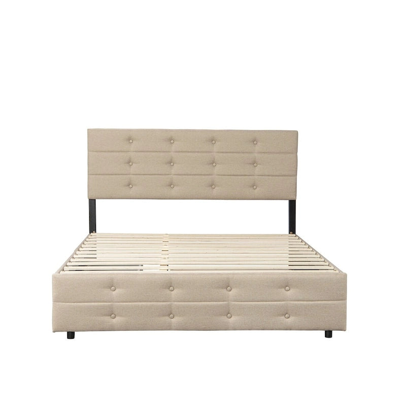 Queen Size Upholstered Linen Fabric Trundle Bed with Drawers, Queen Size Bed