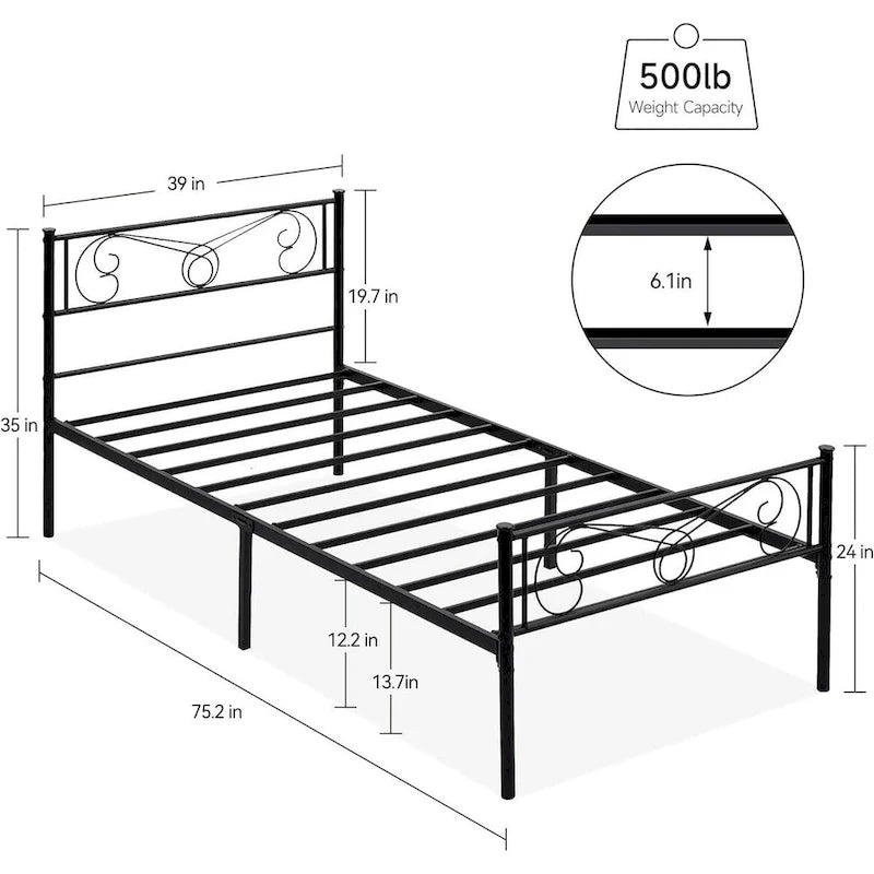 Bed Frame with Storage, with Vintage Pattern Headboard and Footboard, Load Up to 800Lbs