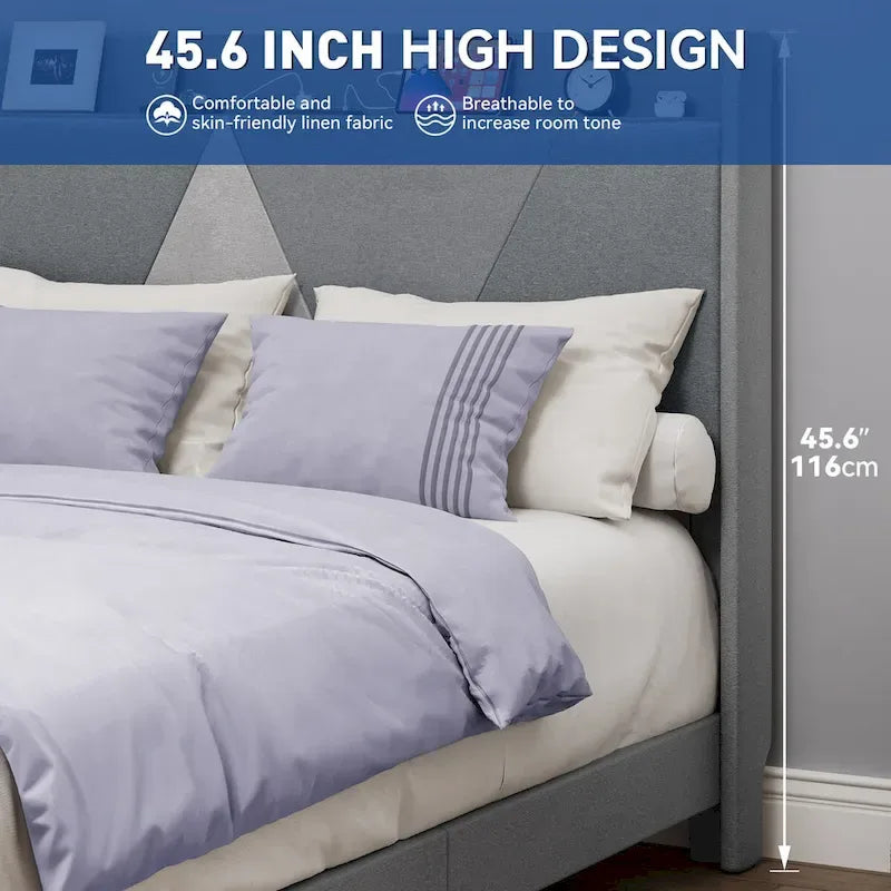 Moasis Queen Linen Bed Frame with Splice Geometry Headboard