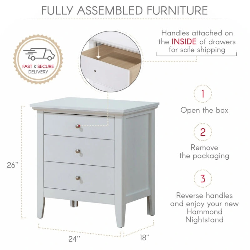 Glory Furniture Hammond 3 Drawer Nightstand , White