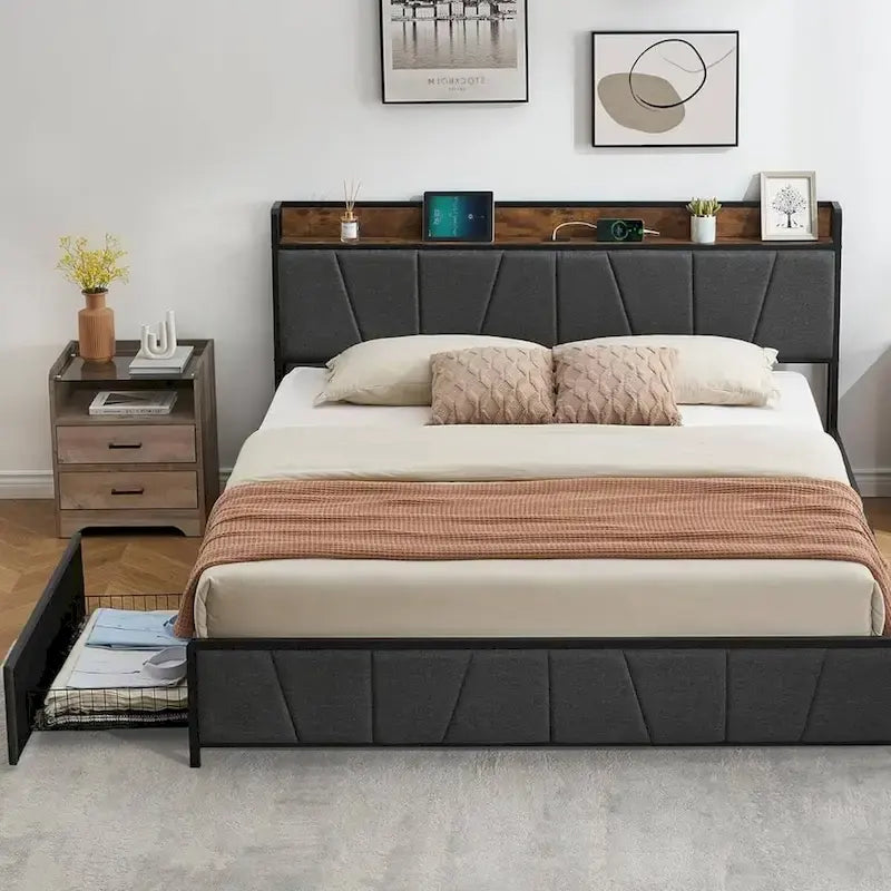 Linen Upholstered Platform Bed Frame with Drawers, Storage Headboard
